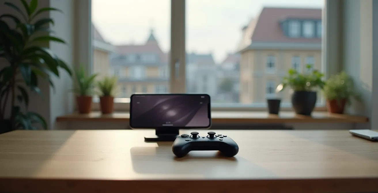 Minimalistischer Gaming-Setup mit Smartphone und Controller ohne teure Hardware in einer deutschen Wohnung