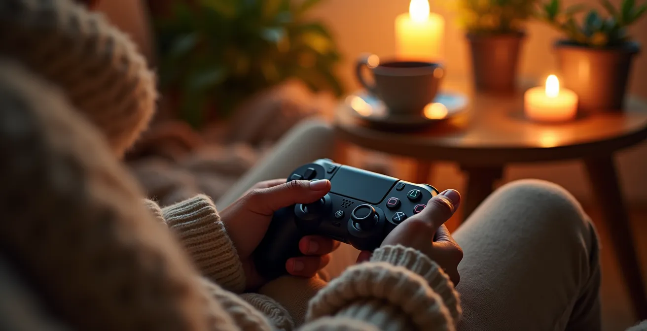 Gemütliche Gaming-Szene mit warmer Beleuchtung und entspannter Atmosphäre in einem deutschen Wohnzimmer