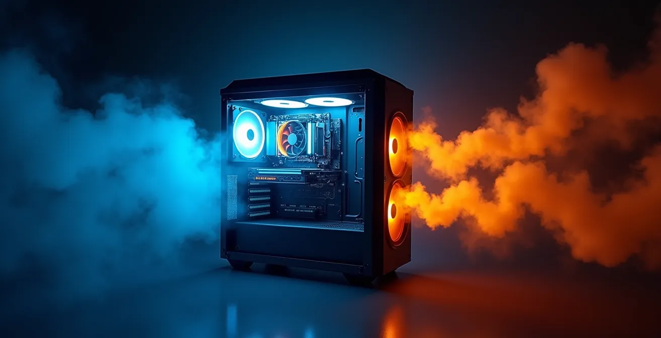 Visualisierung des Luftstroms in einem PC-Gehäuse mit farblich markierten kühlen und warmen Strömungen