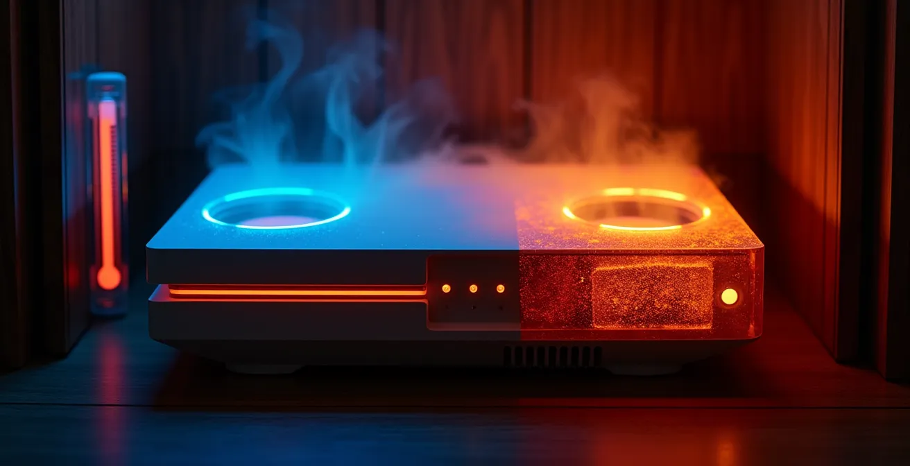 Überhitzte Konsole in engem TV-Möbel mit sichtbarer Wärmeentwicklung