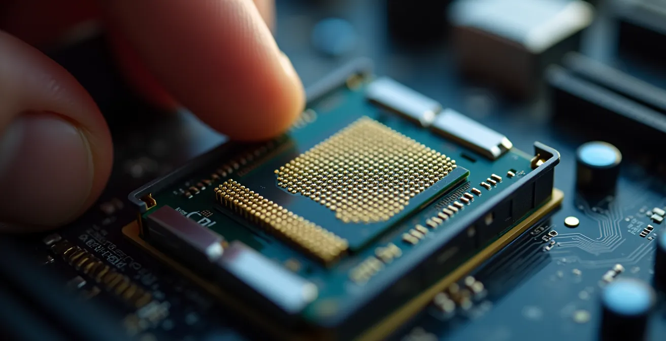 Makroaufnahme der CPU-Installation auf einem Mainboard, die die präzise Platzierung des Prozessors zeigt