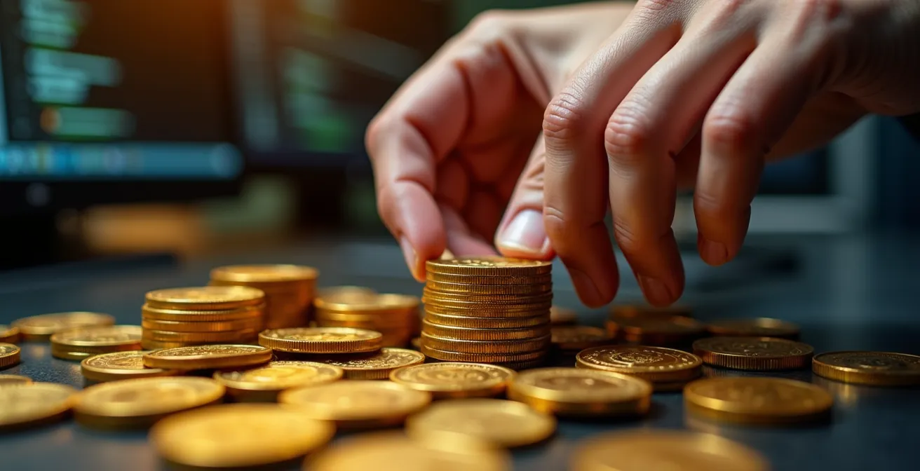 Nahaufnahme von Händen über Goldmünzen mit verschwommenem Bildschirm im Hintergrund