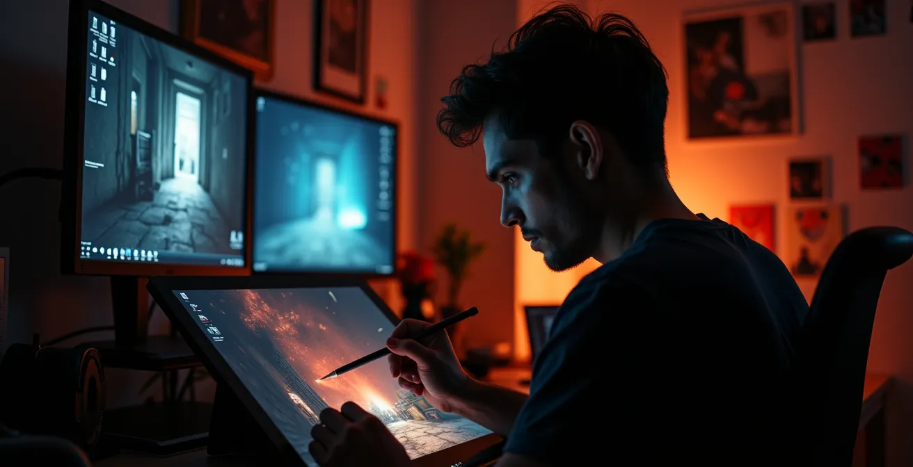 Ein Spieleentwickler, der in einem Studio künstlerisch kontrollierte Lichteffekte in eine 3D-Szene malt, was den handwerklichen Charakter von Baked Lighting unterstreicht.