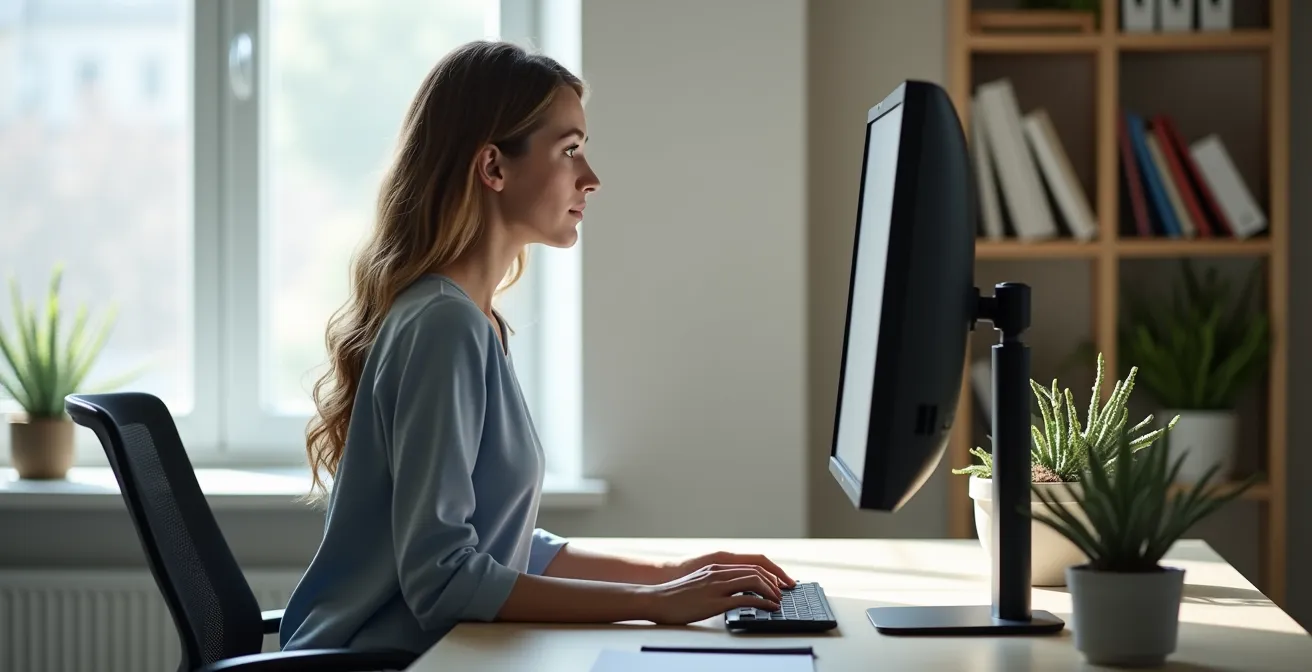 Seitenprofil einer Person am Schreibtisch mit korrekter Bildschirmhöhe