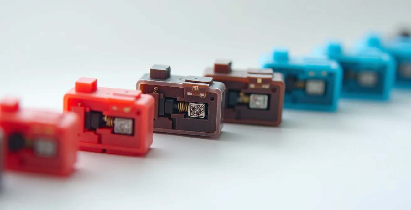 Makroaufnahme verschiedener Cherry MX Switch-Typen im Vergleich