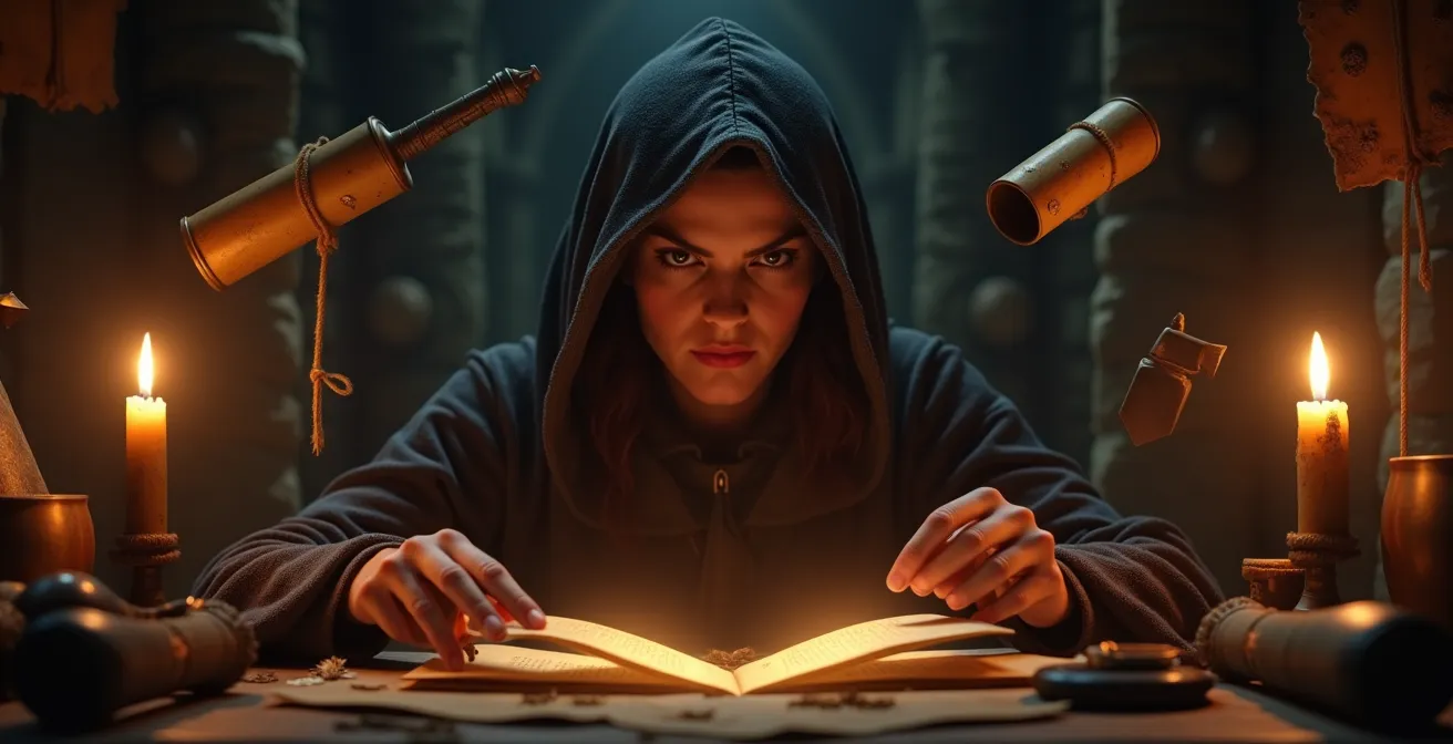 Mystische Darstellung von schwebenden Pergamenten und Artefakten die eine Geschichte formen