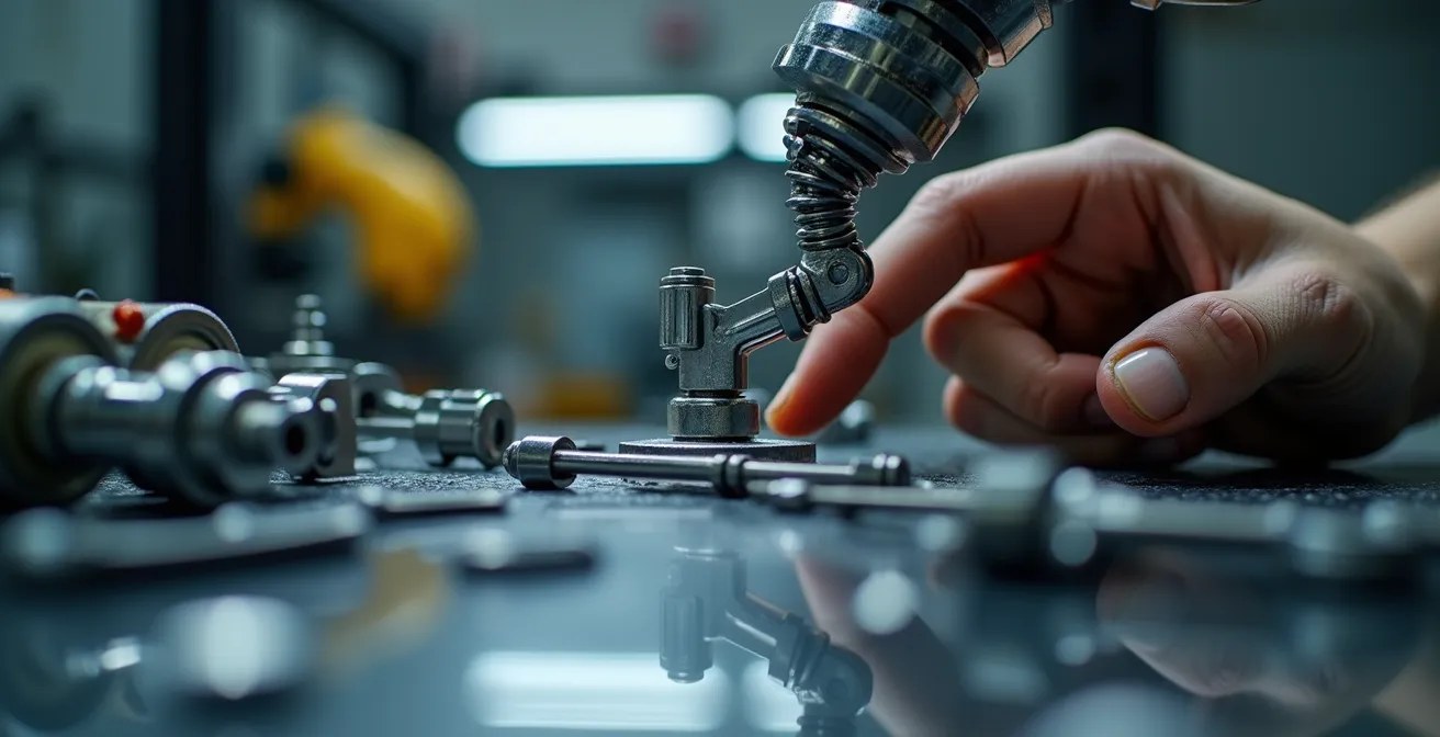 Makroaufnahme von Roboterhand und menschlicher Hand bei gemeinsamer Montagearbeit