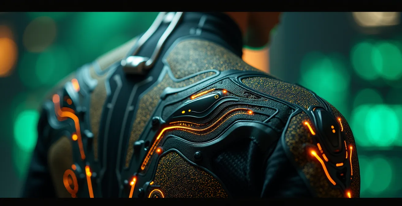 Nahaufnahme eines futuristischen Anzugs mit integrierten leuchtenden Gesundheitsindikatoren