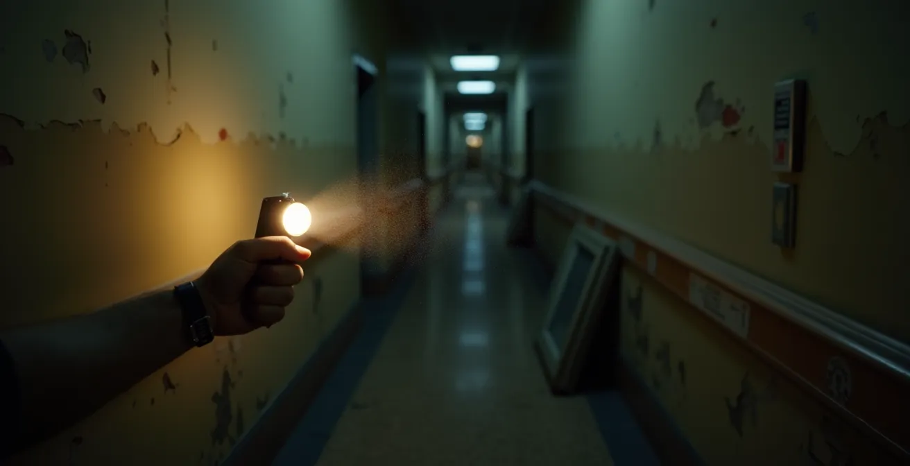 Erste-Person-Ansicht durch einen engen, dunklen Korridor mit Taschenlampe