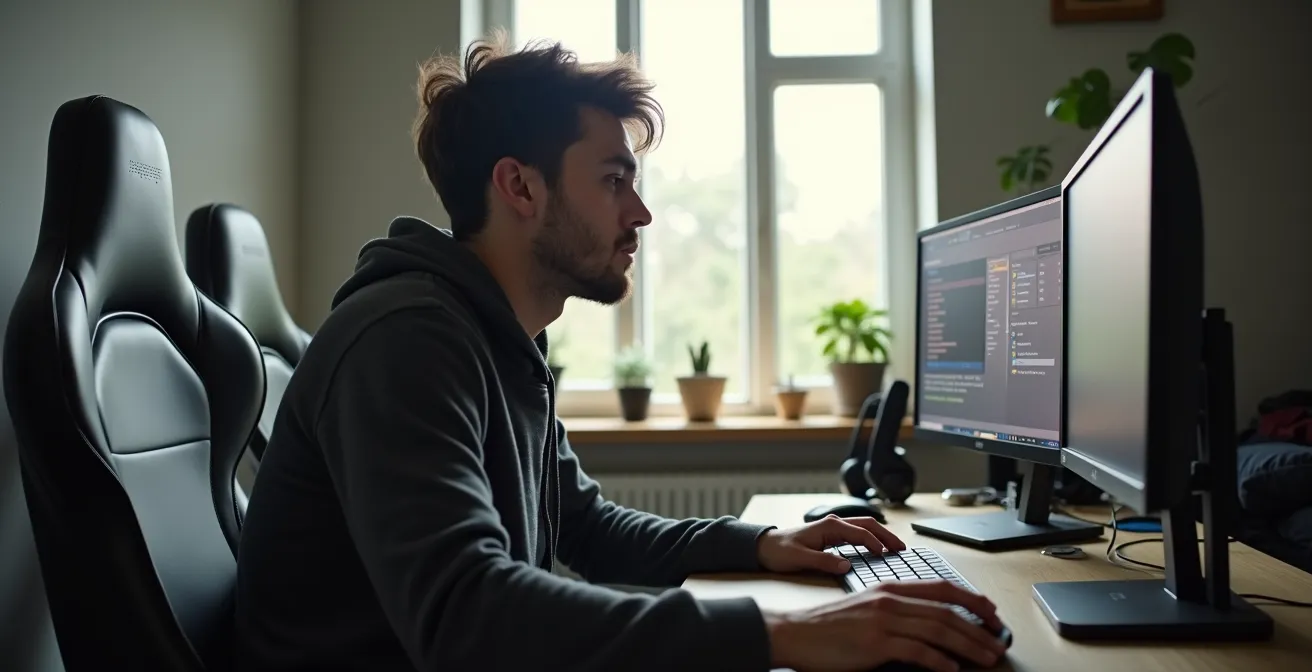 Spieler in entspanntem Flow-Zustand beim Gaming in ruhiger Umgebung