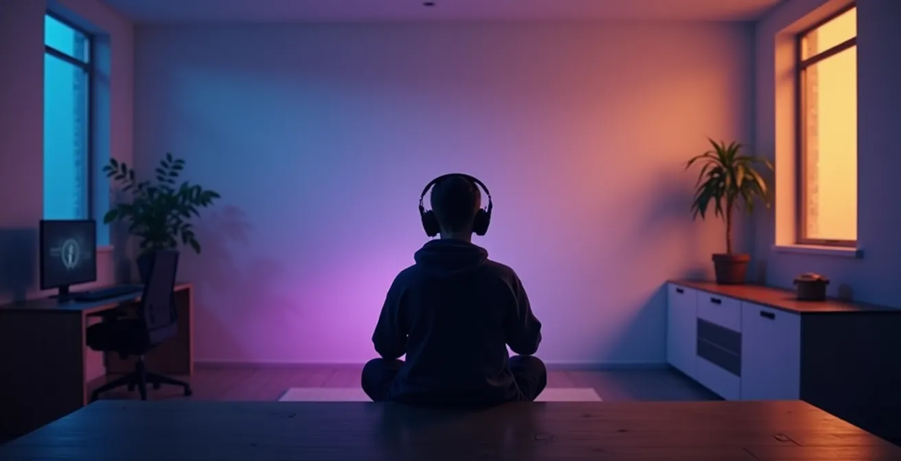 Weitwinkelaufnahme eines Gamers in konzentrierter Spielumgebung mit atmosphärischer Beleuchtung