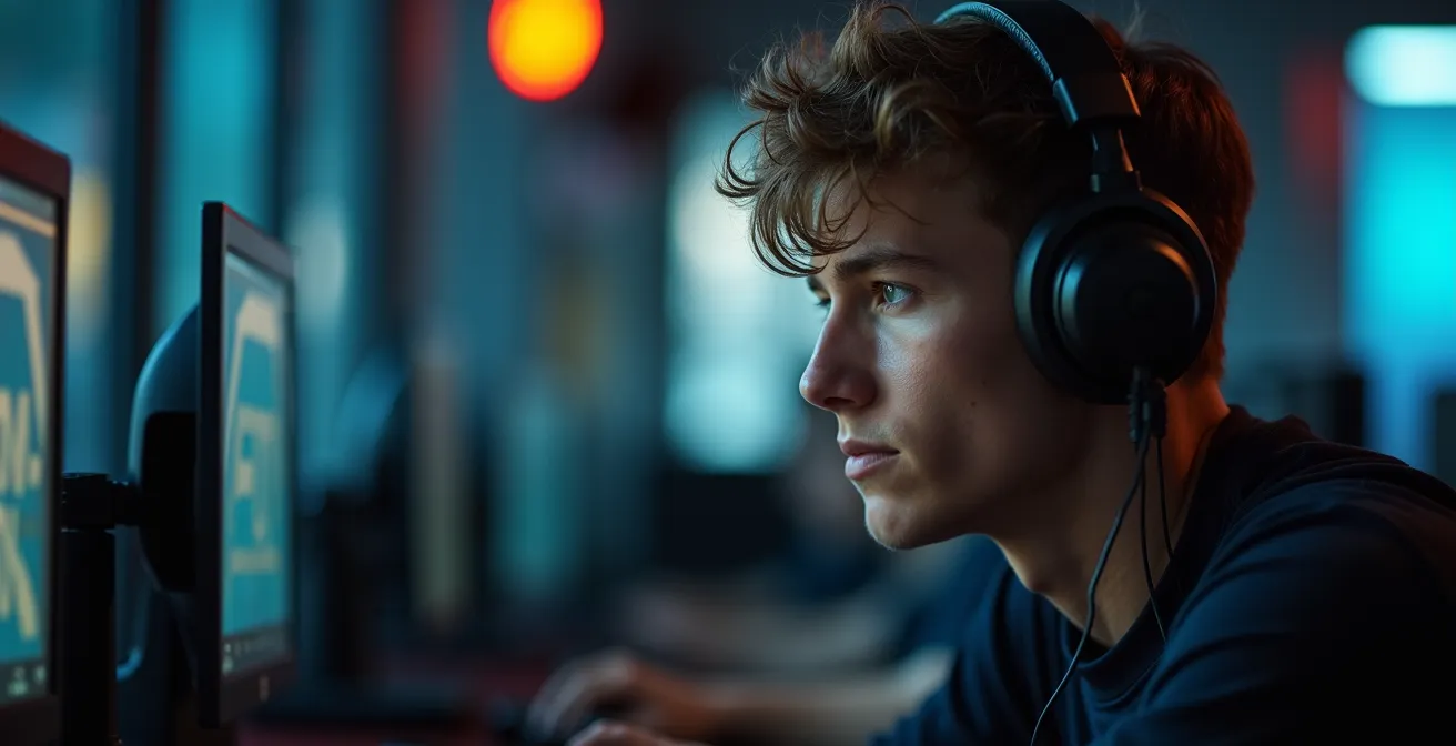 Seitenansicht eines konzentrierten Spielers in defensiver Haltung