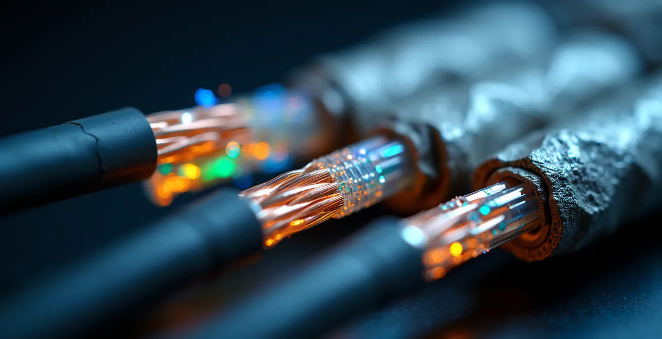 Makroaufnahme von Glasfaser- und Kupferkabeln mit Lichteffekten