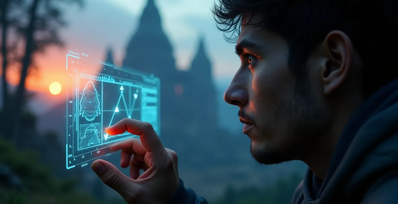 Nahaufnahme eines Spielercharakters, der verwirrt auf eine überladene Minimap starrt, während die wunderschöne Spielwelt unbeachtet bleibt