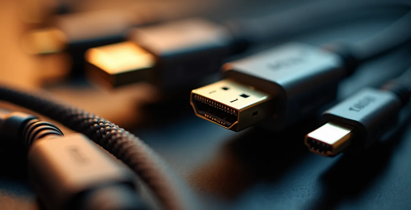 Makroaufnahme verschiedener Monitoranschlüsse und Kabel für 4K-Gaming