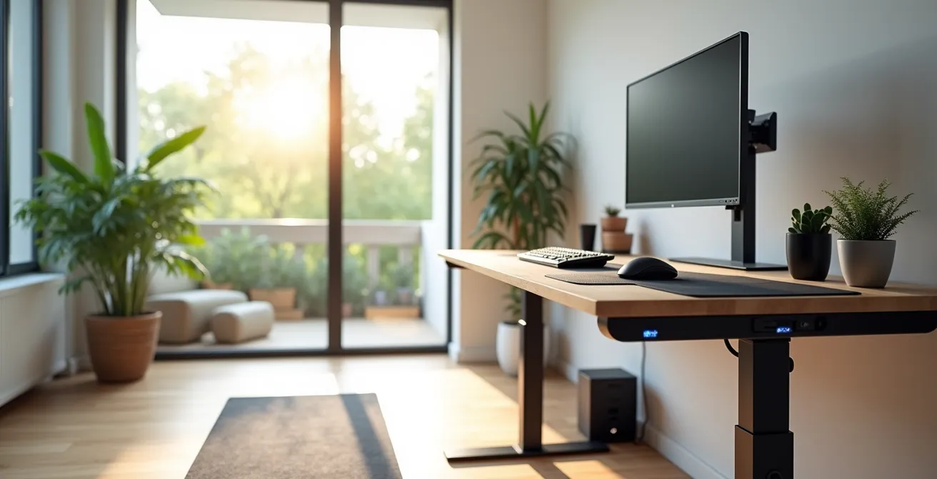 Gaming-Setup mit höhenverstellbarem Schreibtisch in Stehposition