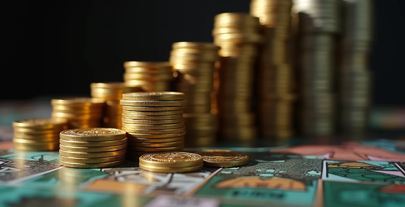 Symbolische Darstellung von Geldentwertung durch gestapelte Spielwährungen, die umfallen