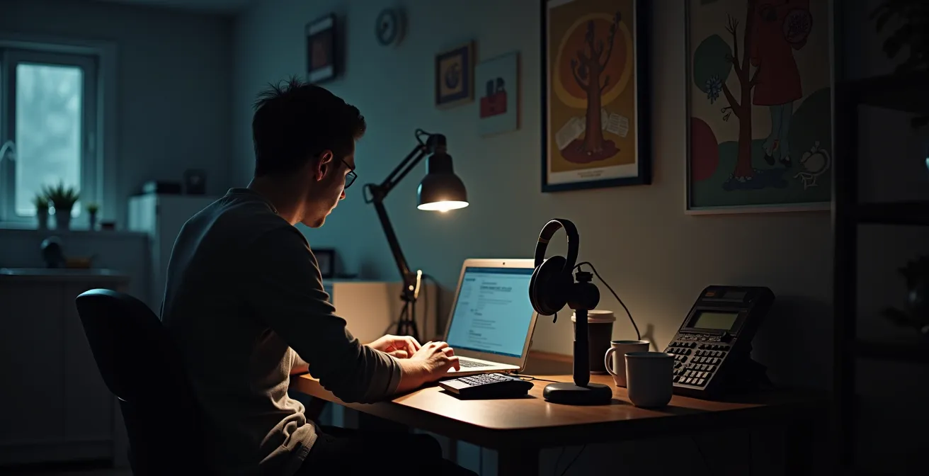 Indie-Entwickler am Schreibtisch mit Taschenrechner und Kopfhörern, nachdenklicher Blick