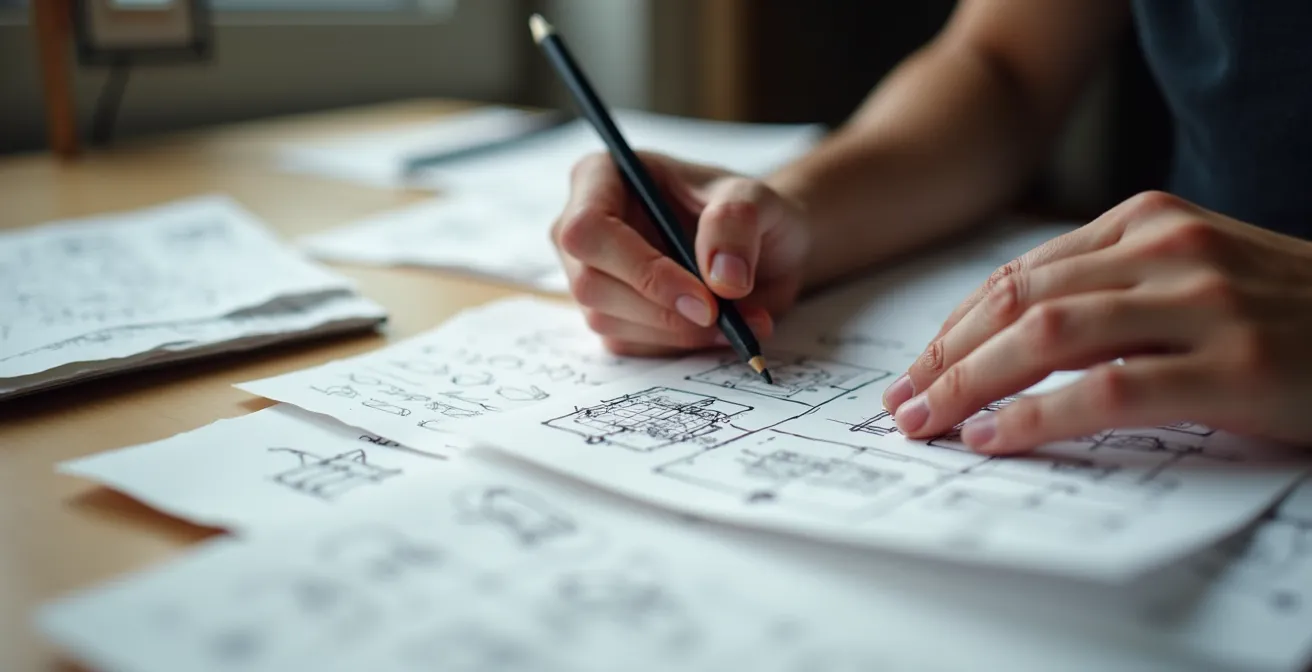 Entwickler arbeitet an mehreren verworfenen Spielideen-Skizzen