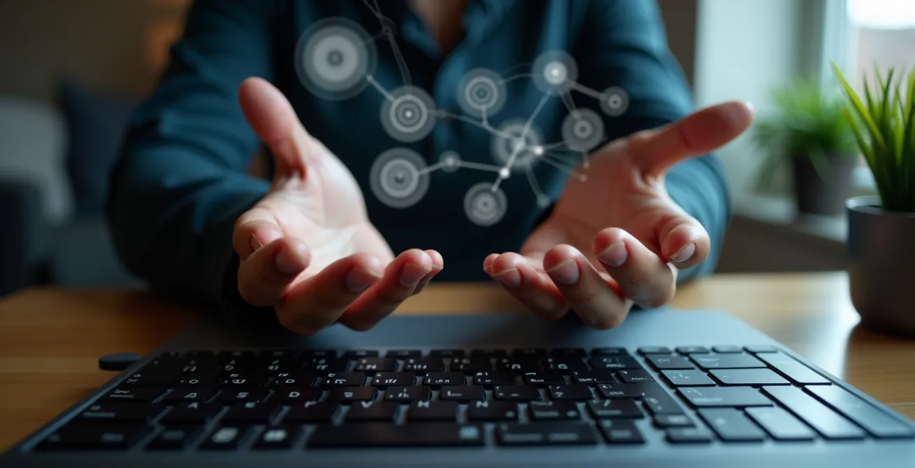 Minimalistische Darstellung von Händen über einer Tastatur mit abstrakten Lichtmustern