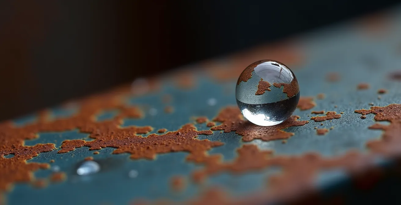 Extreme Nahaufnahme eines Wassertropfens auf rostigem Metall