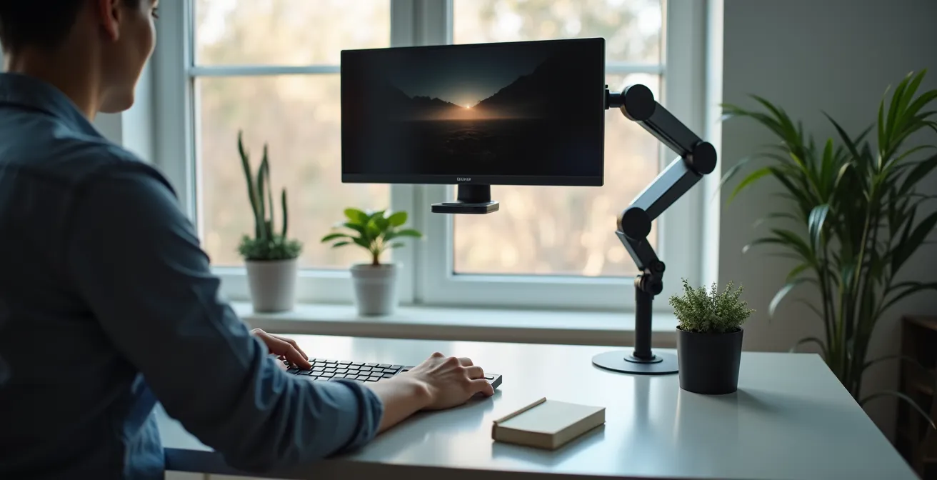 Schreibtisch mit schwebendem Monitor an Monitorarm für cleanen Look