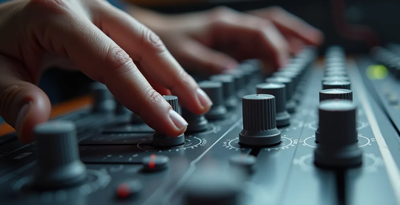 Nahaufnahme eines Audio-Designers bei der Arbeit an Motorsound-Parametern