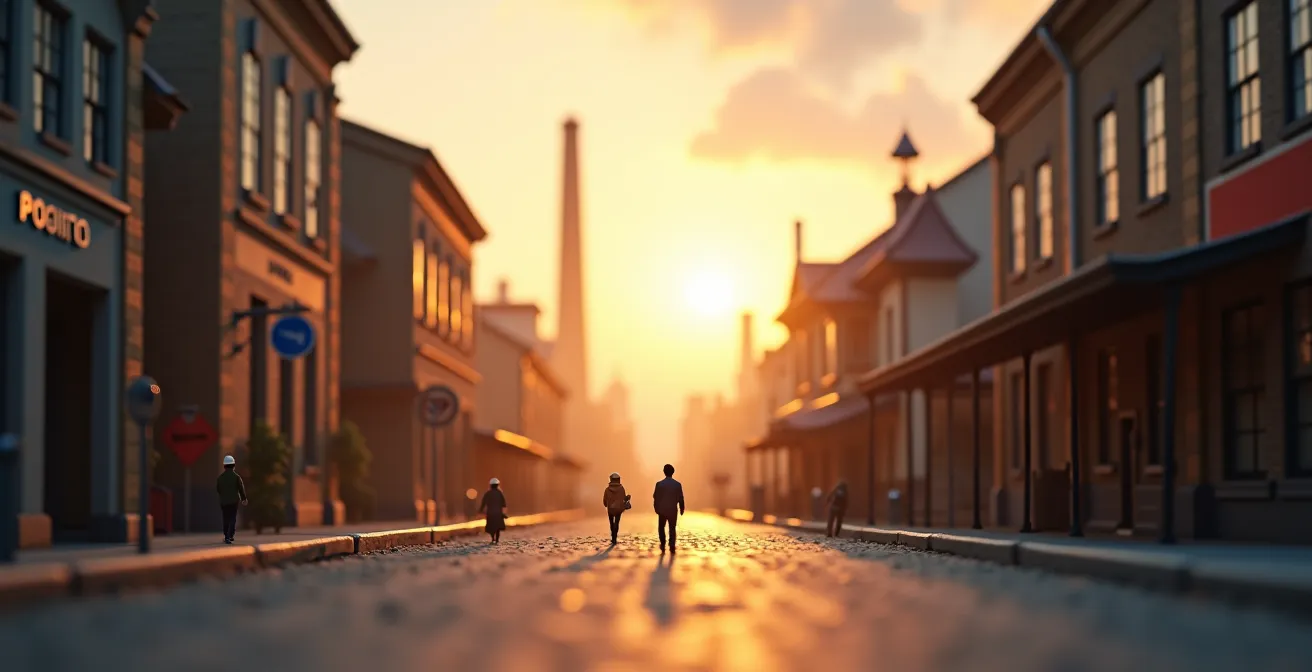 Weitwinkelaufnahme einer belebten Stadtszene bei Sonnenaufgang mit Arbeitern