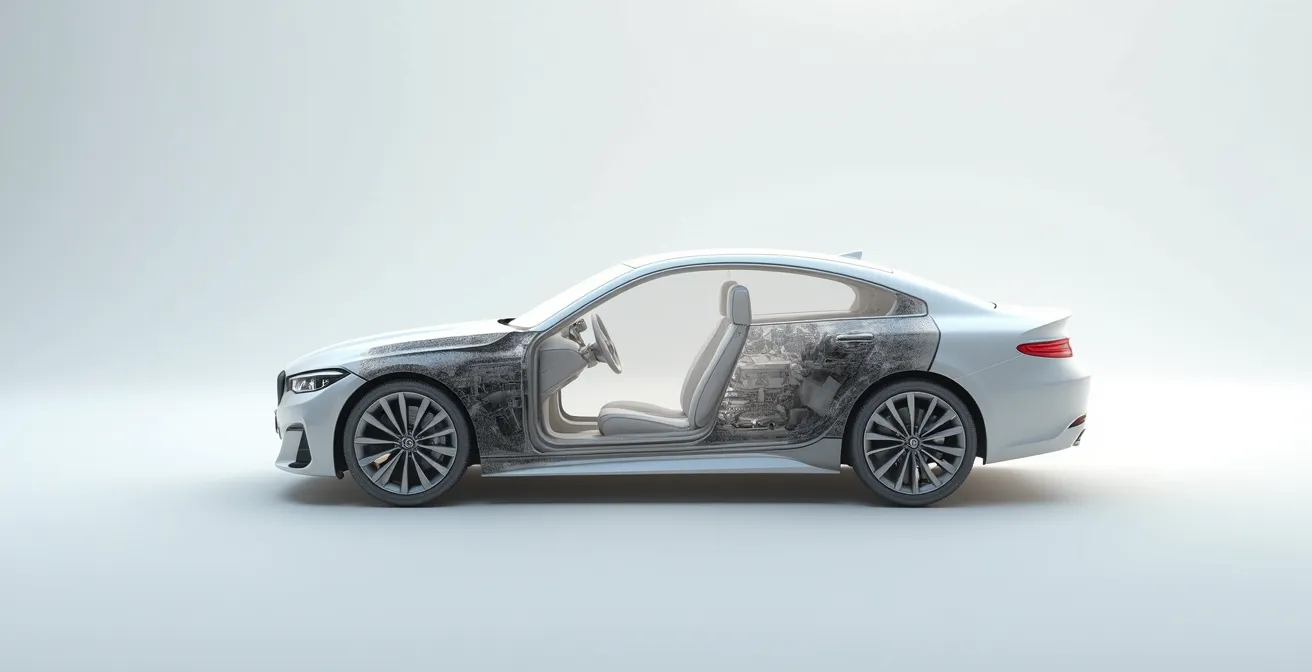 Querschnitt eines 3D-Automodells zeigt versteckte Polygone im Motorbereich