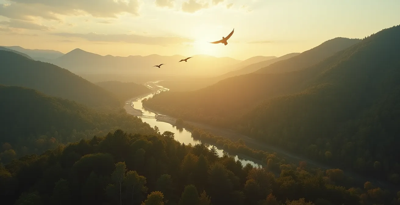 Weite Landschaft, die ein lebendiges Ökosystem mit interagierenden Elementen wie Wildpfaden und Wettermustern darstellt.
