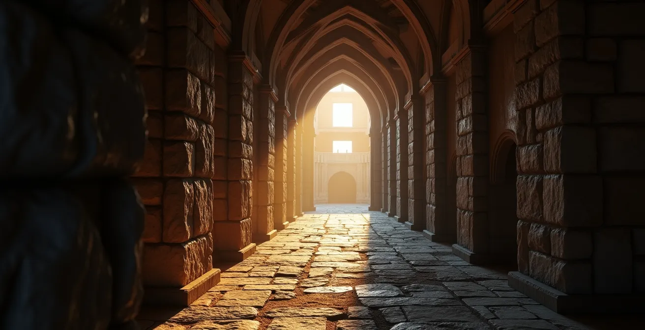 Kontrast zwischen engem Korridor und weiter Arena zur Spannungserzeugung