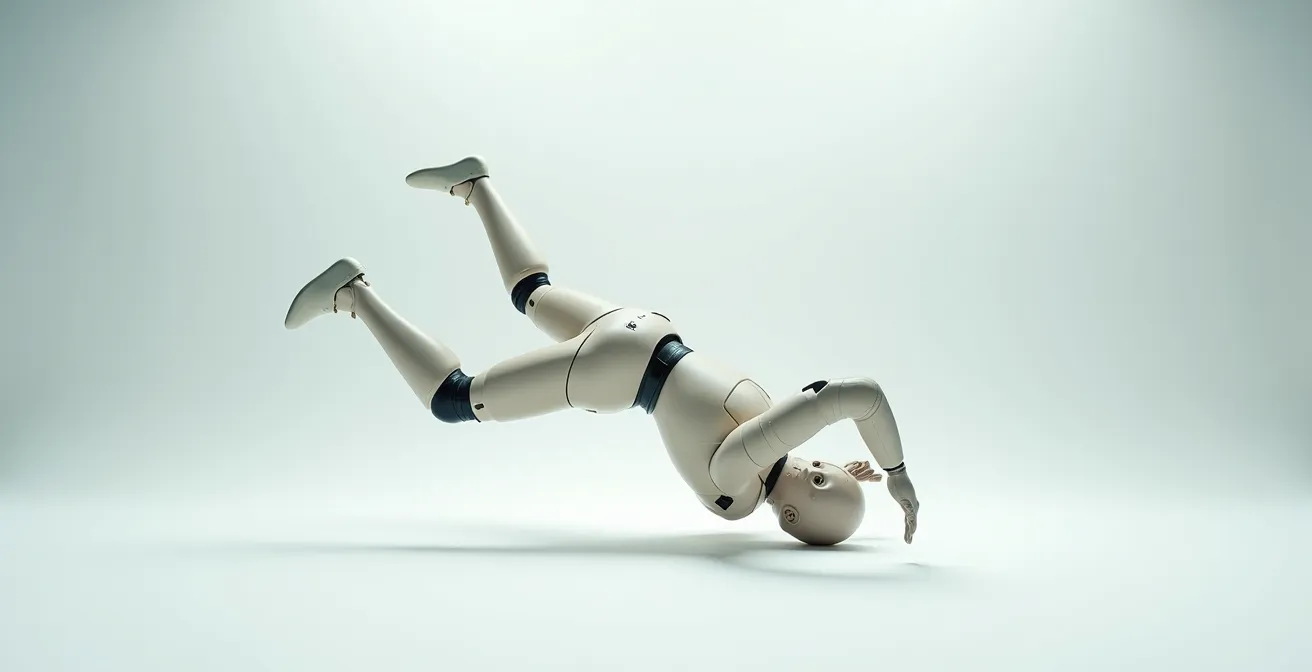 Realistische Darstellung einer fallenden Spielfigur mit aktiver Ragdoll-Physik