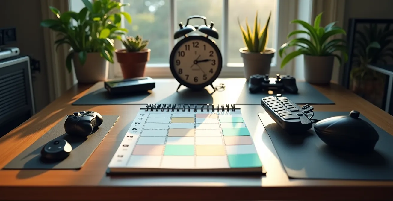 Weitwinkelaufnahme eines aufgeräumten Gaming-Setups mit Kalender und Uhr im Vordergrund