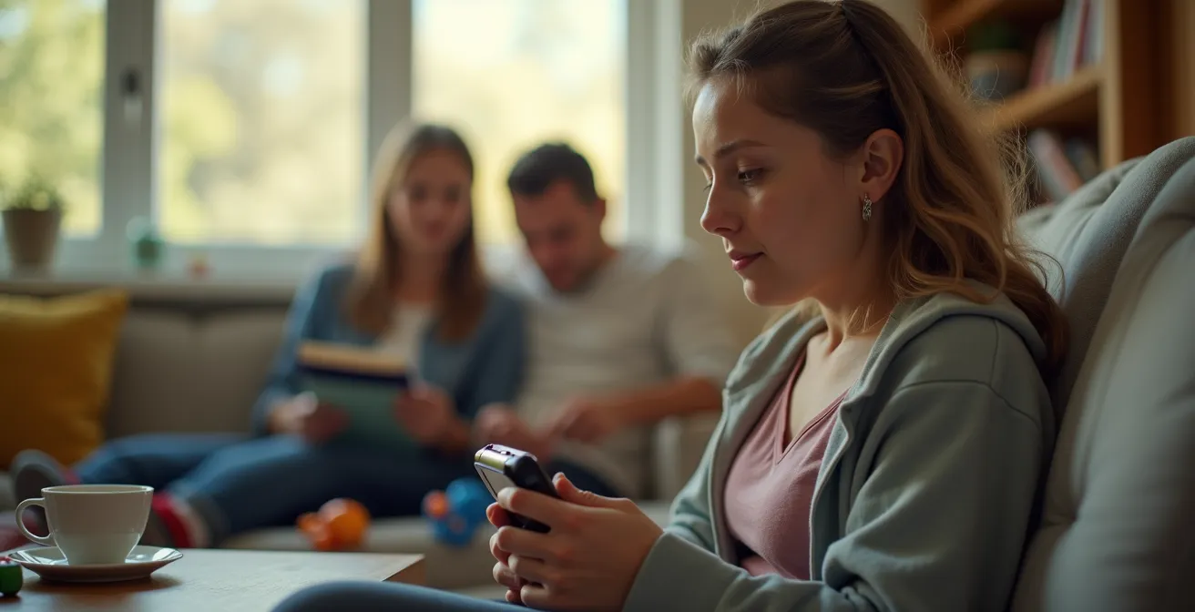 Entspannte Gaming-Situation eines Elternteils auf dem Sofa, während im unscharfen Hintergrund das Familienleben harmonisch weitergeht.