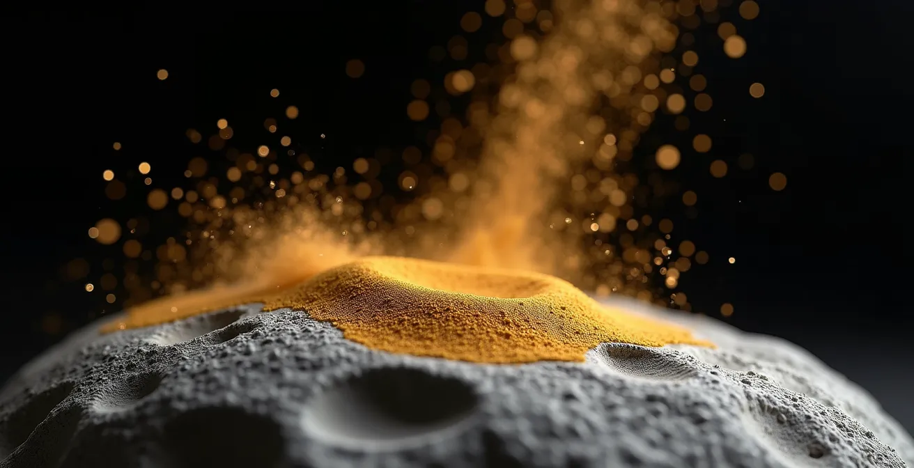 Makroaufnahme von goldenen Partikeln, die aus einer abstrakten Form aufsteigen