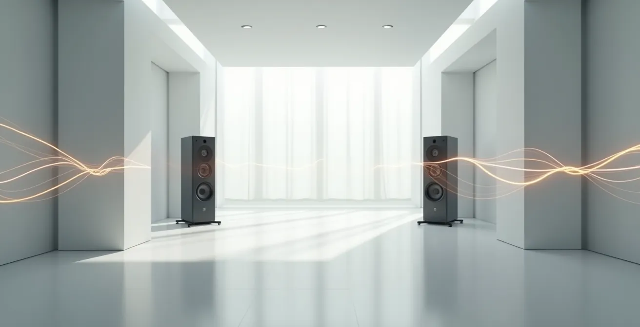 Abstrakte Visualisierung von tiefen Bassfrequenzen, die sich wellenförmig durch den Raum ausbreiten