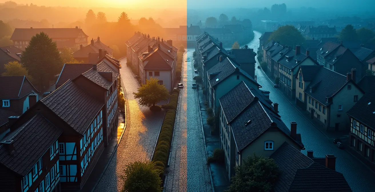 Geteilte Ansicht zeigt organische mittelalterliche Stadt gegen geometrisches Industrieviertel