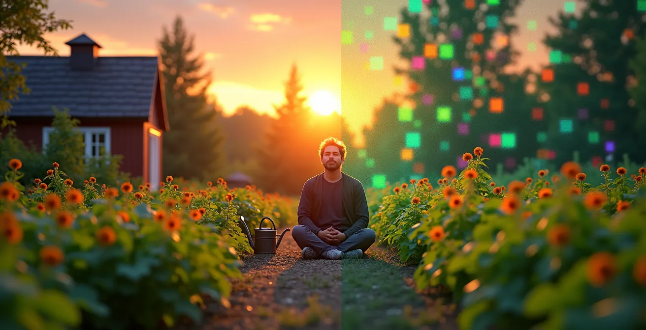 Friedliche Gartenszene, die eine Parallele zwischen einem echten Schrebergarten und der Entspannung in Cozy Games zieht.