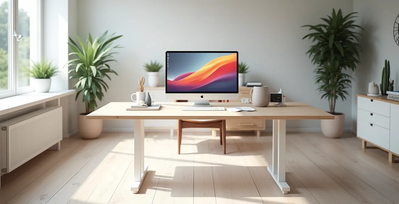 Arbeitsplatz zeigt verschiedene Sitzabstände zum Monitor mit visueller Darstellung der Pixeldichte