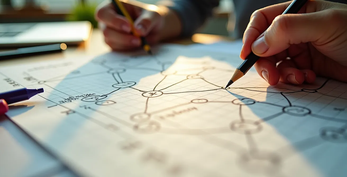 Nahaufnahme von Händen, die handschriftliche Notizen und Diagramme für einen Gaming-Build erstellen