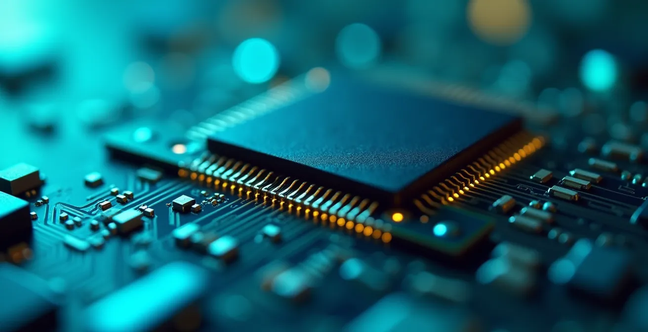 Makroaufnahme von SSD-Speicherchips mit abstrakten Datenflüssen