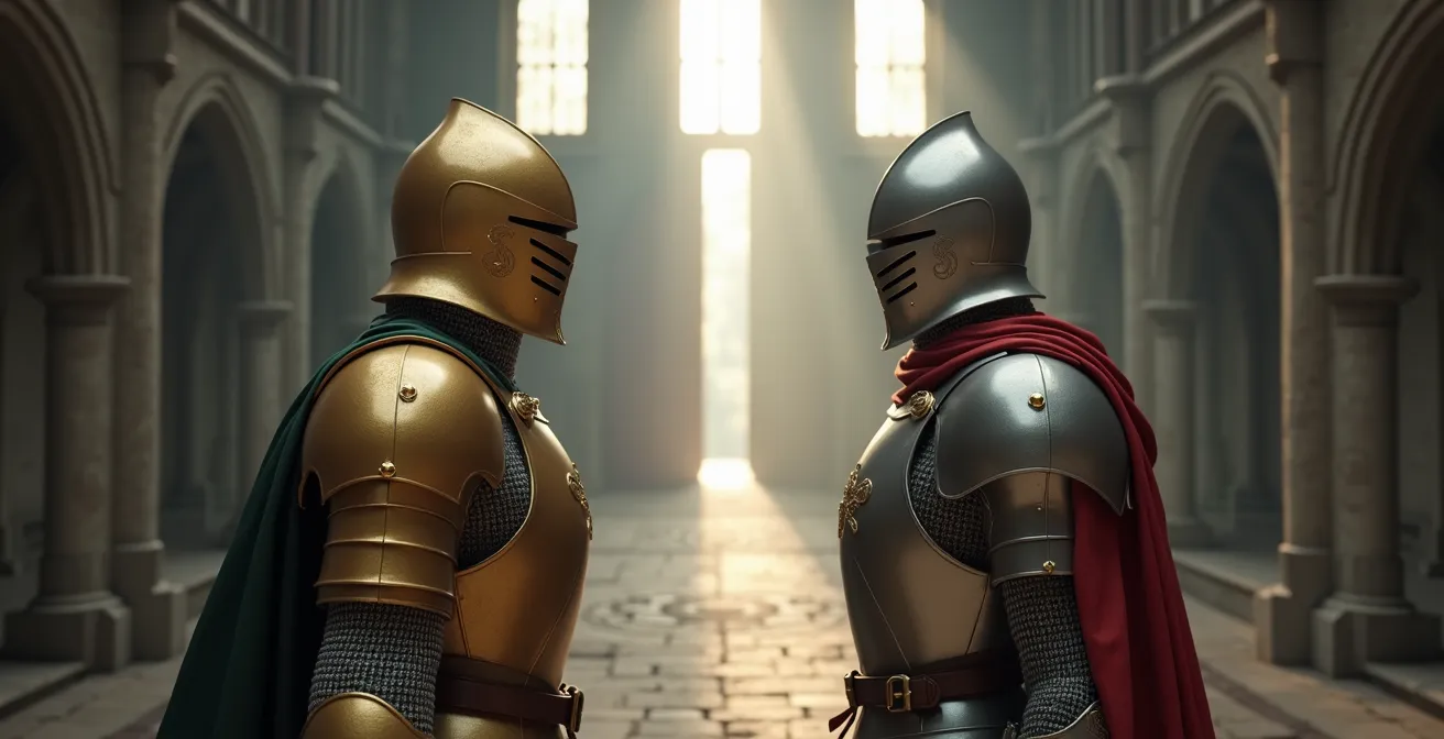 Geteilte Szene zeigt individualisierte Rüstung im Gameplay versus Standard-Outfit in Zwischensequenz