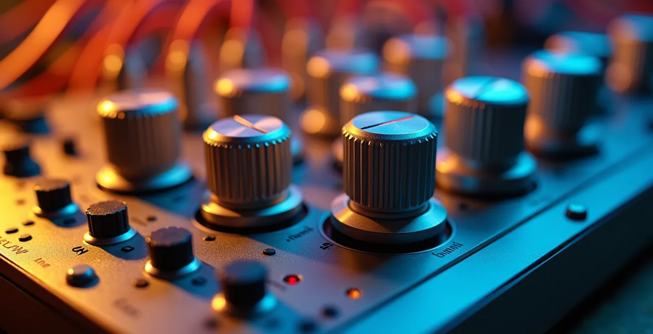 Nahaufnahme von modularem Synthesizer bei der Erzeugung futuristischer Klänge