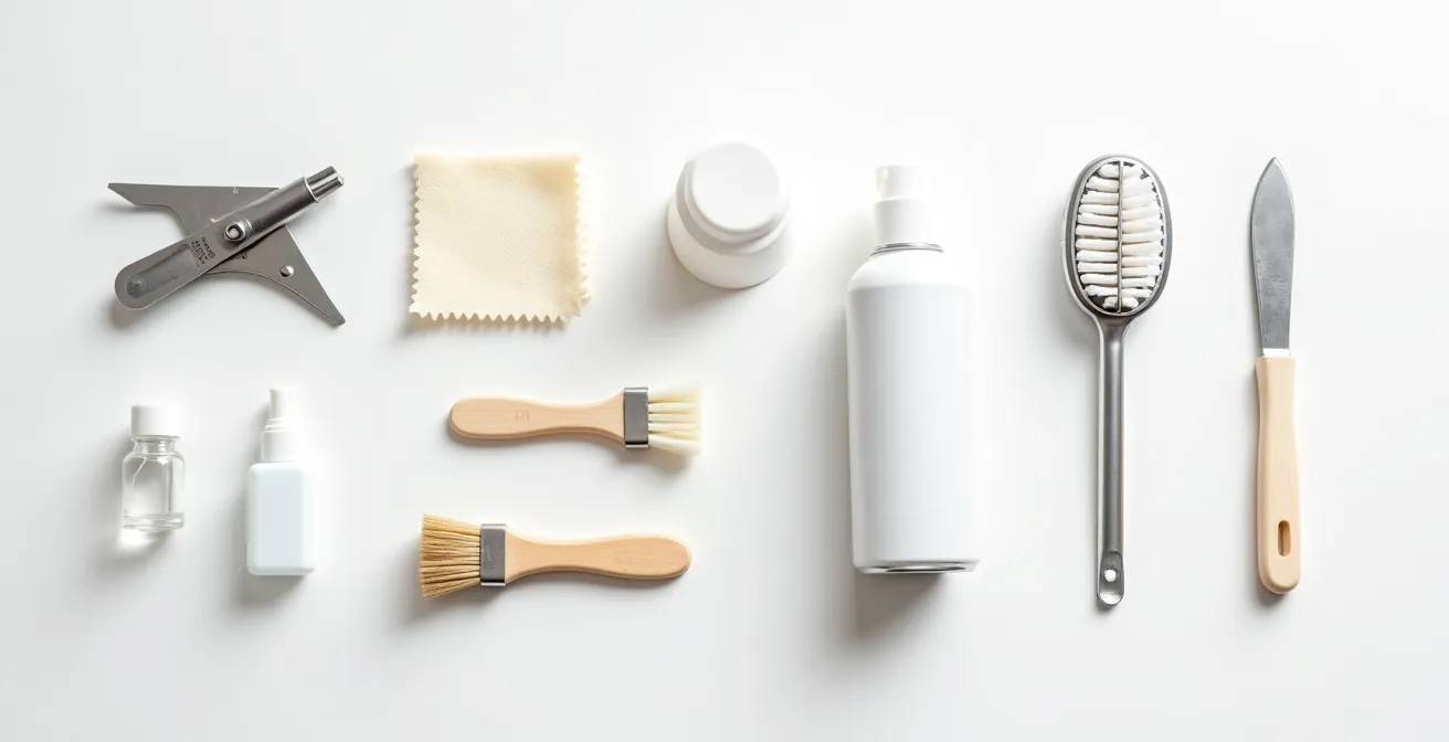 Professionelles Reinigungsset für mechanische Tastaturen ordentlich arrangiert