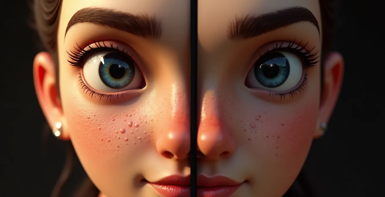 Nahaufnahme eines stilisierten Spielcharakters neben realistischer Darstellung, die den Kontrast zwischen zeitlosem Stil und alterndem Realismus zeigt.