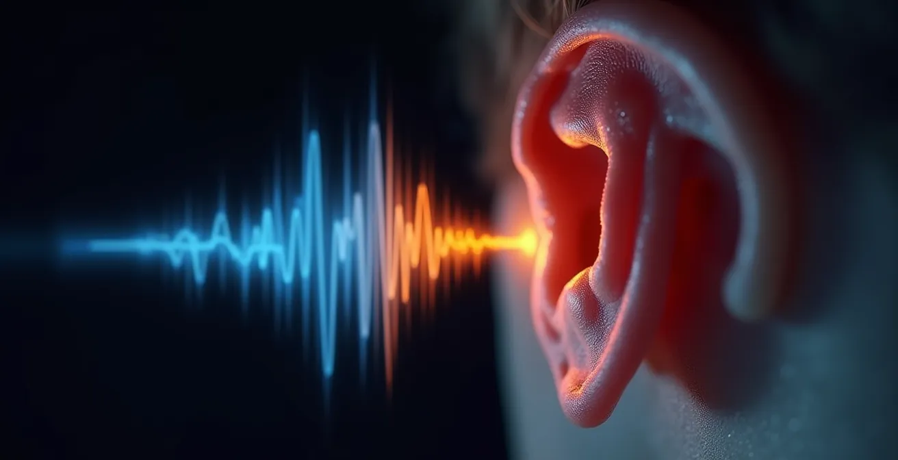 Detailaufnahme eines Ohrs mit visualisierten Frequenzwellen für vertikale Klanglokalisierung