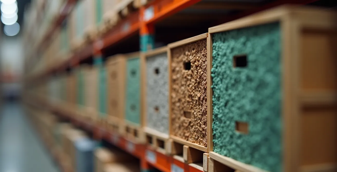 Makroaufnahme von perfekt organisierten Ressourcen-Würfeln in Regalen