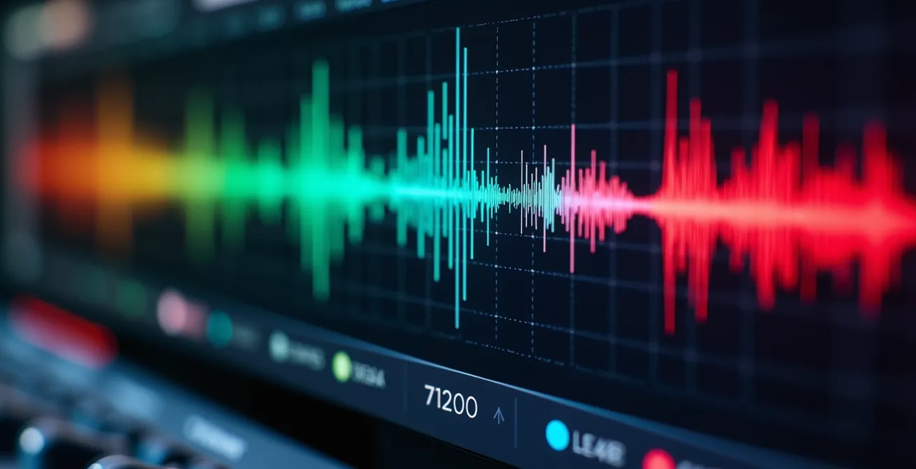 Vergleichende Darstellung von Schallwellen: Links eine aufsteigende harmonische Welle für 'Bestätigen', rechts eine abfallende dissonante Welle für 'Abbrechen'
