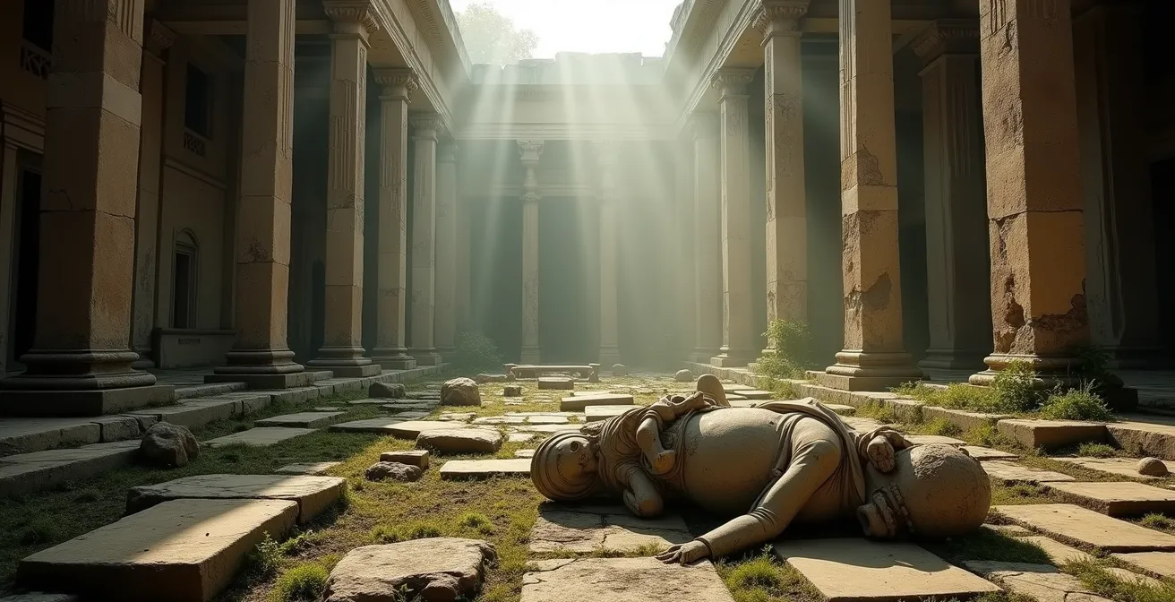 Eine zerbrochene Statue in einem verlassenen Tempel deutet auf eine vergessene Geschichte hin
