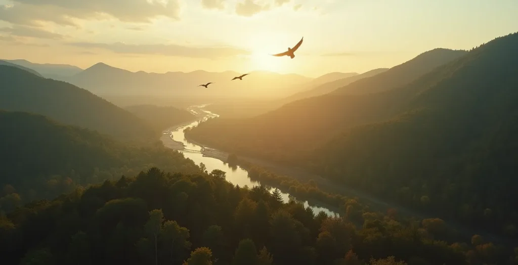 Weite Landschaft, die ein lebendiges Ökosystem mit interagierenden Elementen wie Wildpfaden und Wettermustern darstellt.
